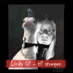 Foto retouche af struds med perlekæde og forbløffet kvinde, der klamrer sig til dens hals. Under retouchen står der Linda Gil - til stregen