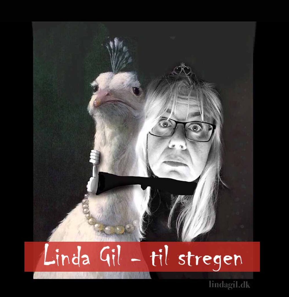 Foto retouche af struds med perlekæde og forbløffet kvinde, der klamrer sig til dens hals. Under retouchen står der Linda Gil - til stregen