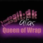 Et logo på sort baggrund med lilla og neonrøde farver, hvor der står Lindagil.dk alias Queen of Wrap