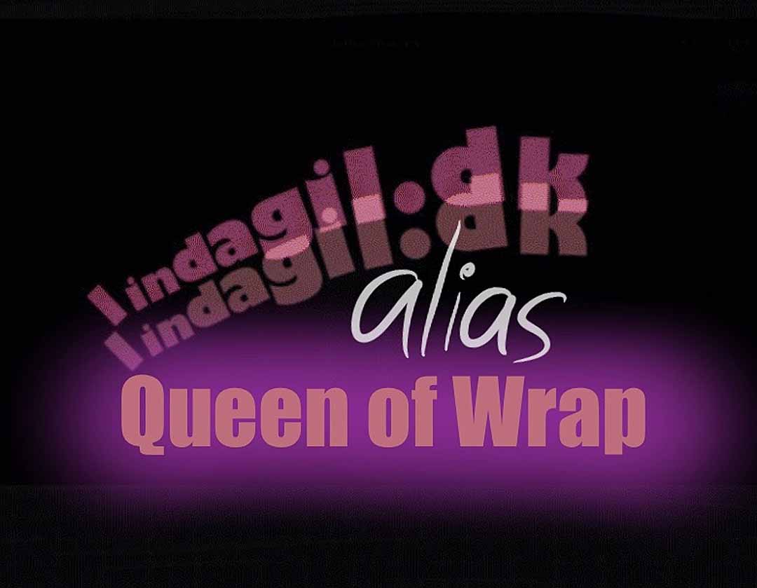 Et logo på sort baggrund med lilla og neonrøde farver, hvor der står Lindagil.dk alias Queen of Wrap